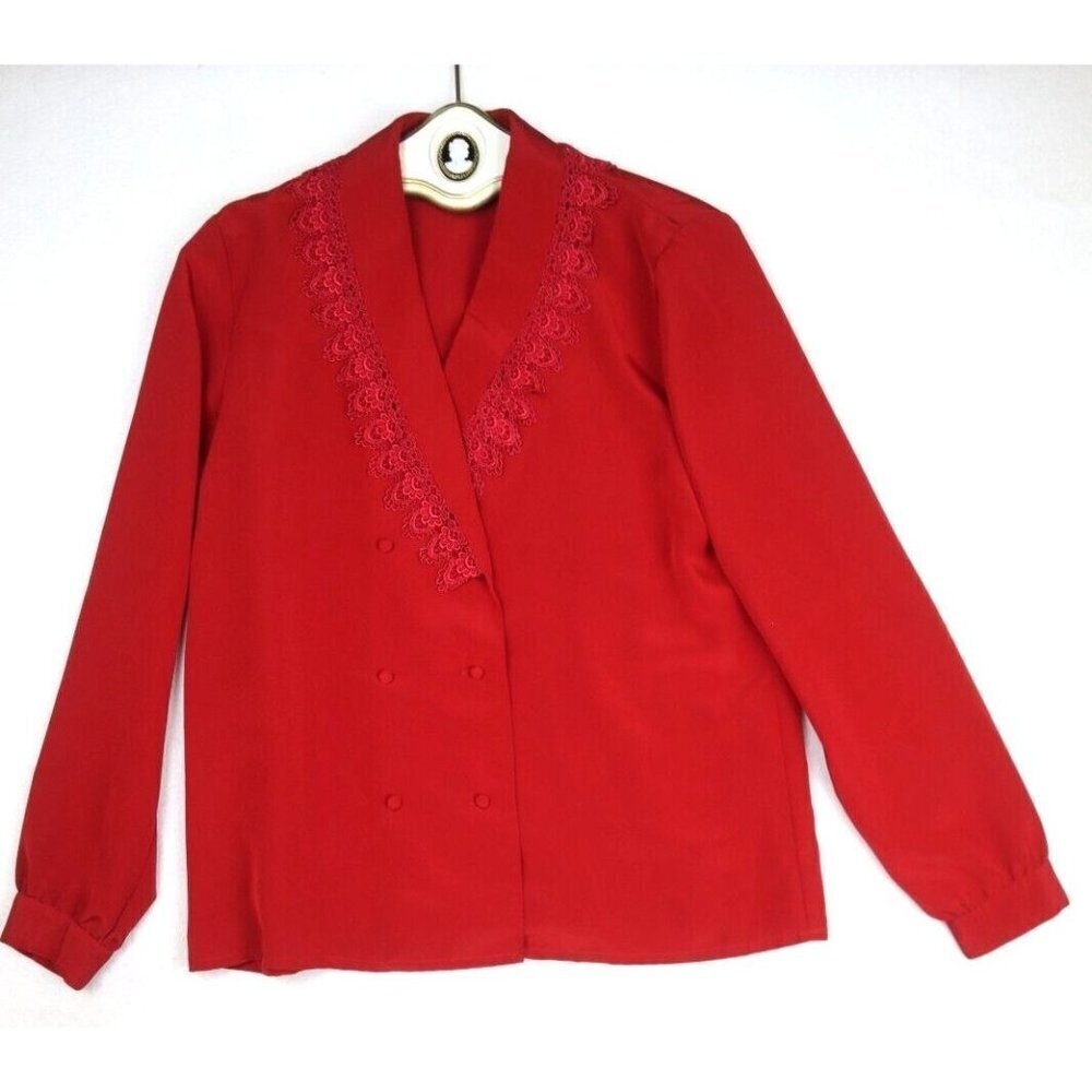 Vintage Women's Red Long Sleeve Double-breasted Blouse - Suburbans - Size 10